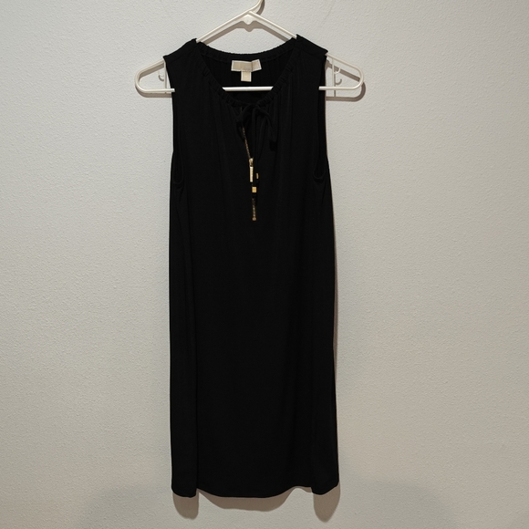 Michael Kors Little Black Dress Medium Boxy Midi Dress Gold Accents Tassels - Picture 2 of 7